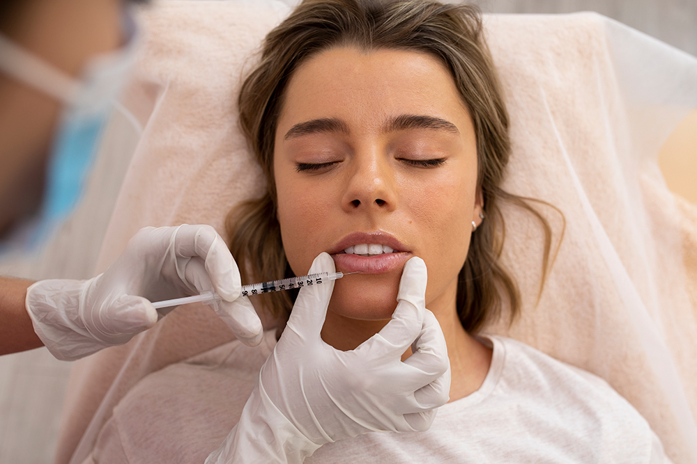 A young woman with blonde wavy hair lies on a clinic bed receiving lip filler injections from a gloved medical professional. The practitioner holds a syringe injecting hyaluronic acid into her relaxed lips during a cosmetic lip augmentation procedure.