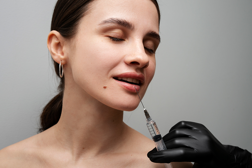 Close-up portrait of a young brunette woman with hoop earrings undergoing lip filler treatment in a clinic, as a gloved hand holds a syringe injecting dermal filler into her parted lips.